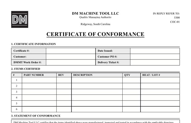 The top of our blank Certificate of Conformance form