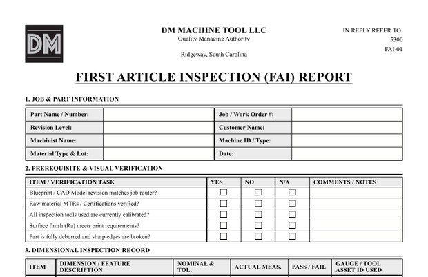 The top of our blank First Article Inspection report form