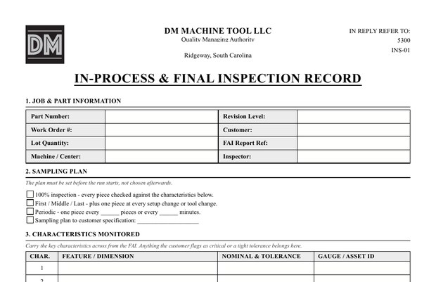 The top of our blank in-process and final inspection record form