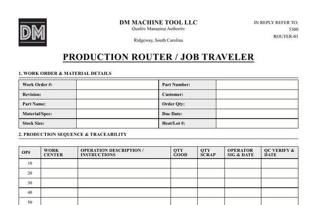 The top of our blank production router and job traveler form