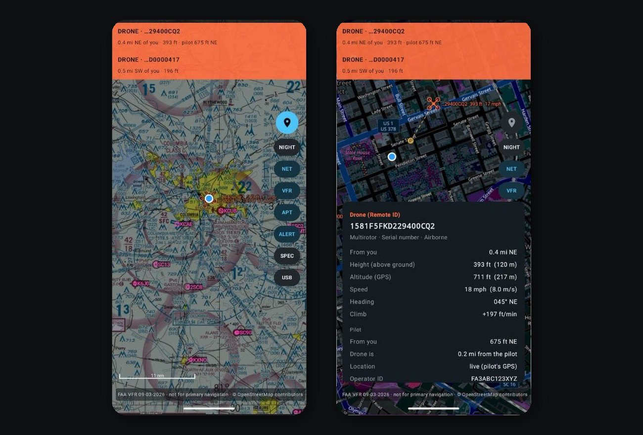 The app on two phones: aircraft and drones on an aviation chart, and one drone's Remote ID details with the pilot's distance