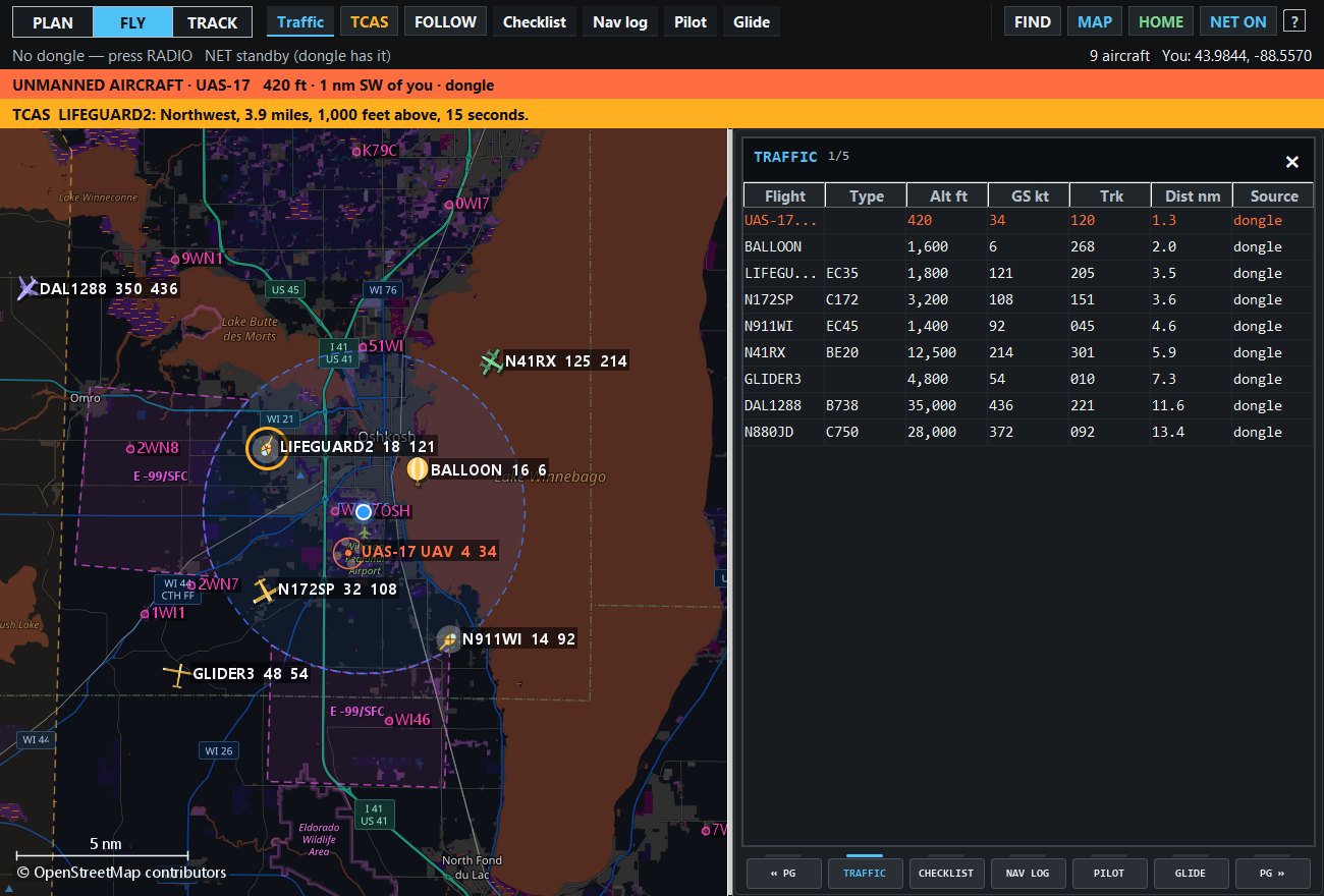 Traffic alerts: rings around our position and the nearest aircraft called out