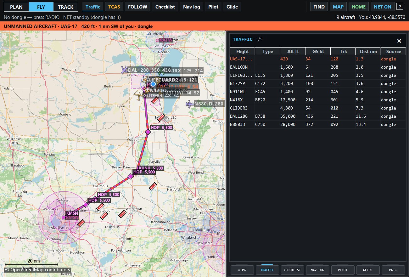 A flight plan drawn on a daytime chart, legs and waypoints marked