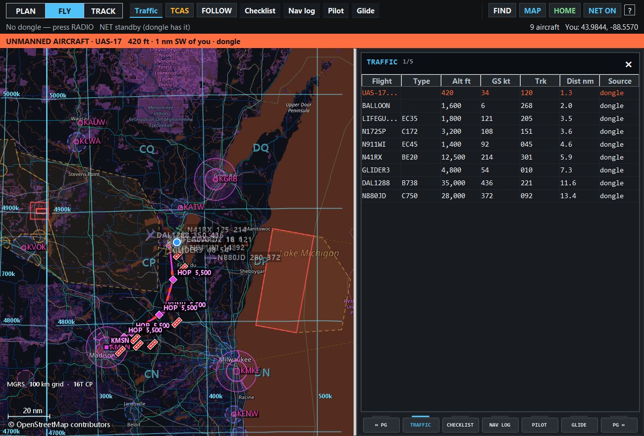 Airspace boundaries and grid over the chart, the route crossing them